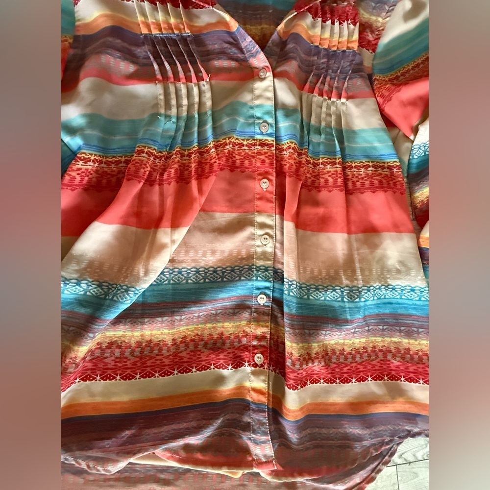 Vintage America Women’s Medium multi colored Pattern Boho Blouse 3/4 inch sleeve - Picture 3 of 6